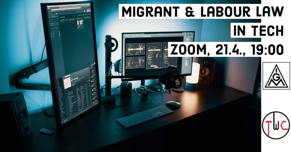 Migrant and Labour Law in Tech, photo of computer with TWC and IG Metall logos in background